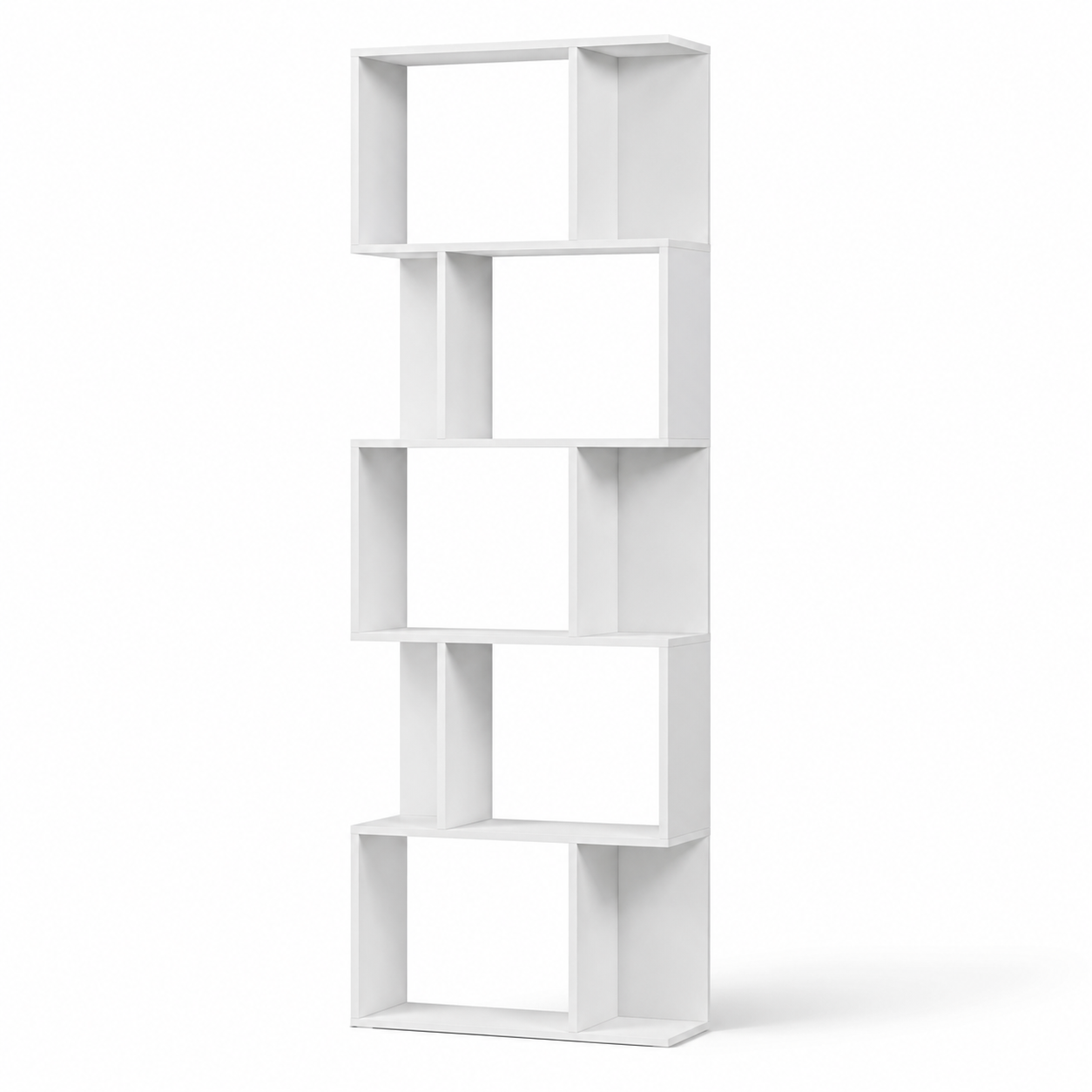 Bookcase S-Shaped 5-Tier Freestanding – Particle Board, White, 60 × 24 × 184.5 cm