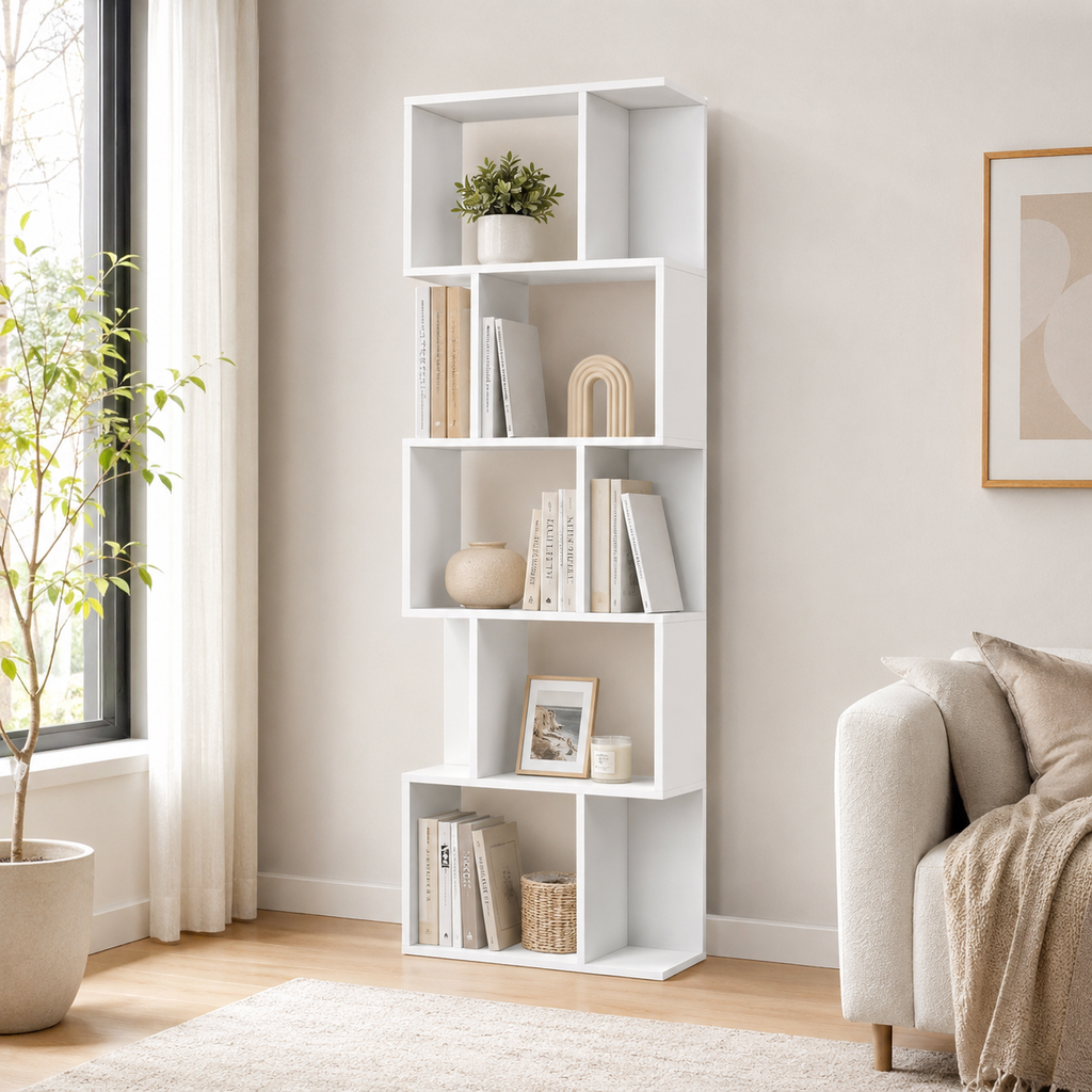 Bookcase S-Shaped 5-Tier Freestanding – Particle Board, White, 60 × 24 × 184.5 cm