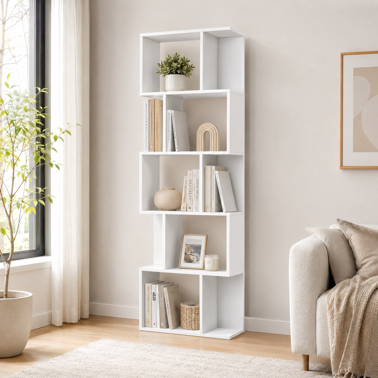 Bookcase S-Shaped 5-Tier Freestanding – Particle Board, White, 60 × 24 × 184.5 cm