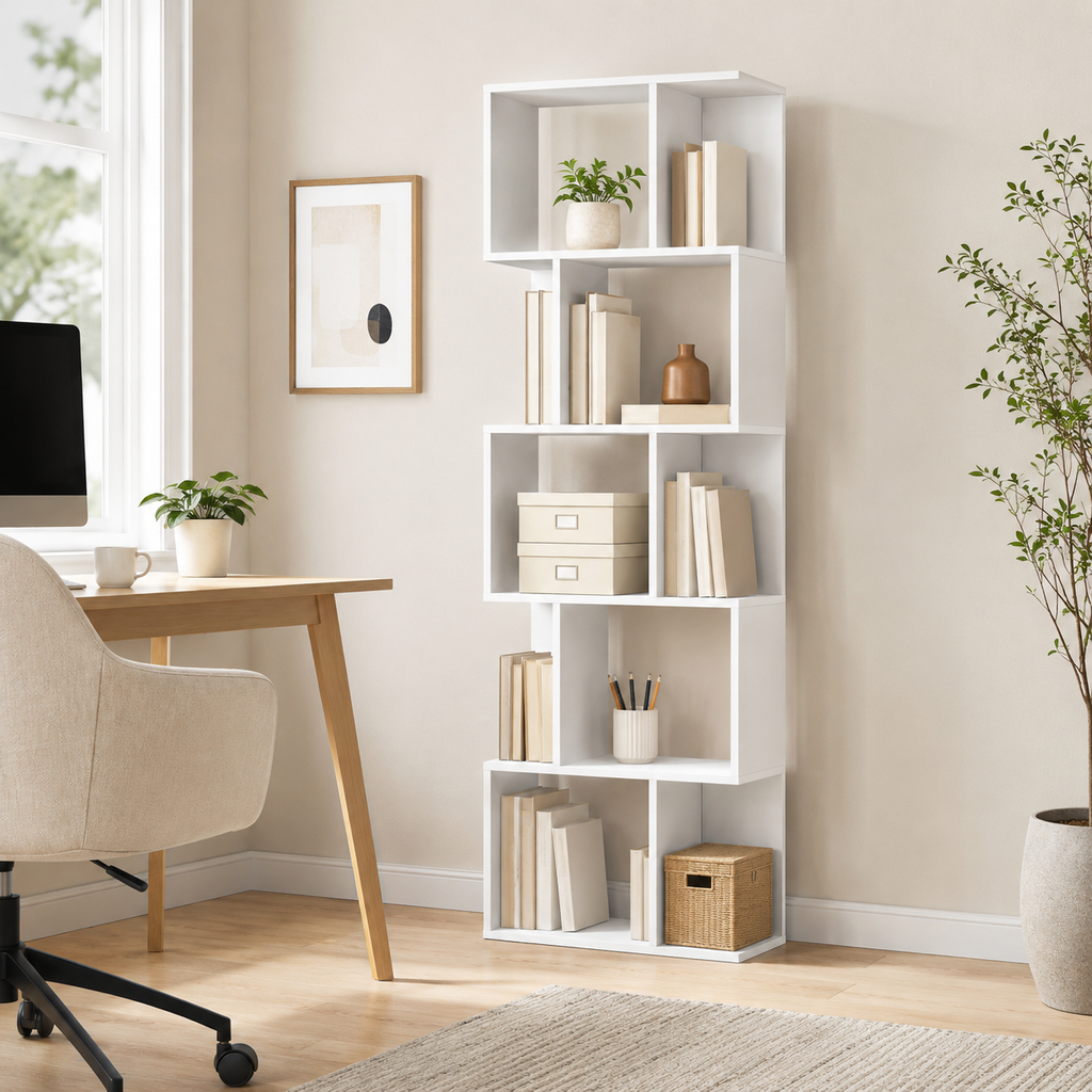 Bookcase S-Shaped 5-Tier Freestanding – Particle Board, White, 60 × 24 × 184.5 cm