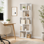 Bookcase S-Shaped 5-Tier Freestanding – Particle Board, White, 60 × 24 × 184.5 cm