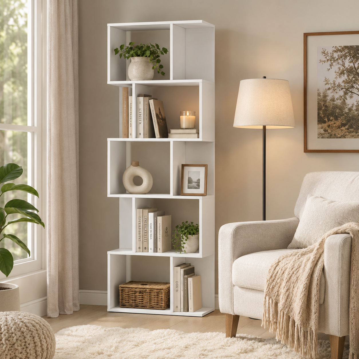 Bookcase S-Shaped 5-Tier Freestanding – Particle Board, White, 60 × 24 × 184.5 cm
