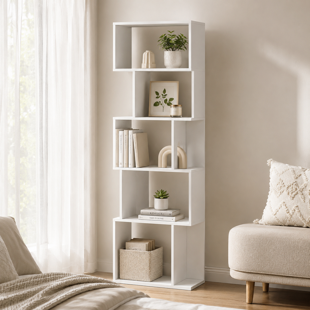 Bookcase S-Shaped 5-Tier Freestanding – Particle Board, White, 60 × 24 × 184.5 cm