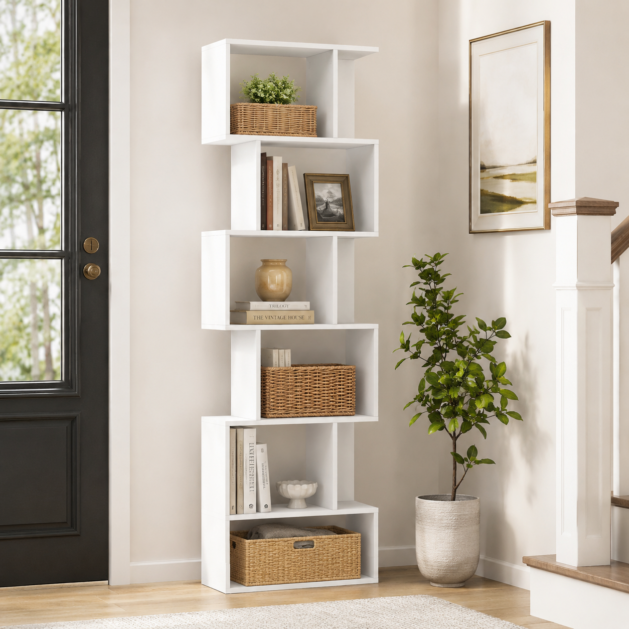 Bookcase S-Shaped 5-Tier Freestanding – Particle Board, White, 60 × 24 × 184.5 cm