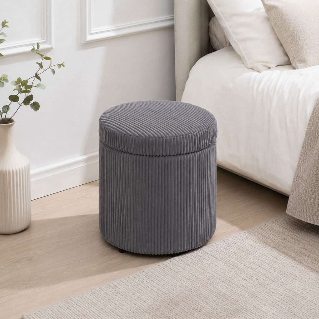 Storage Ottoman Round 40 cm Corduroy – Steel Frame, Grey, Ø40 × 41 cm