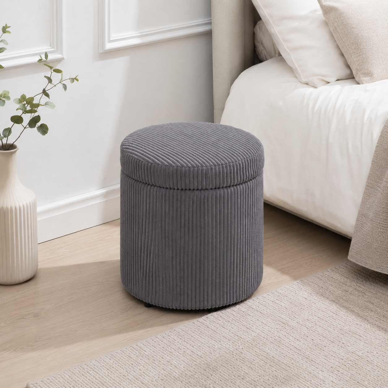 Storage Ottoman Round 40 cm Corduroy – Steel Frame, Grey, Ø40 × 41 cm