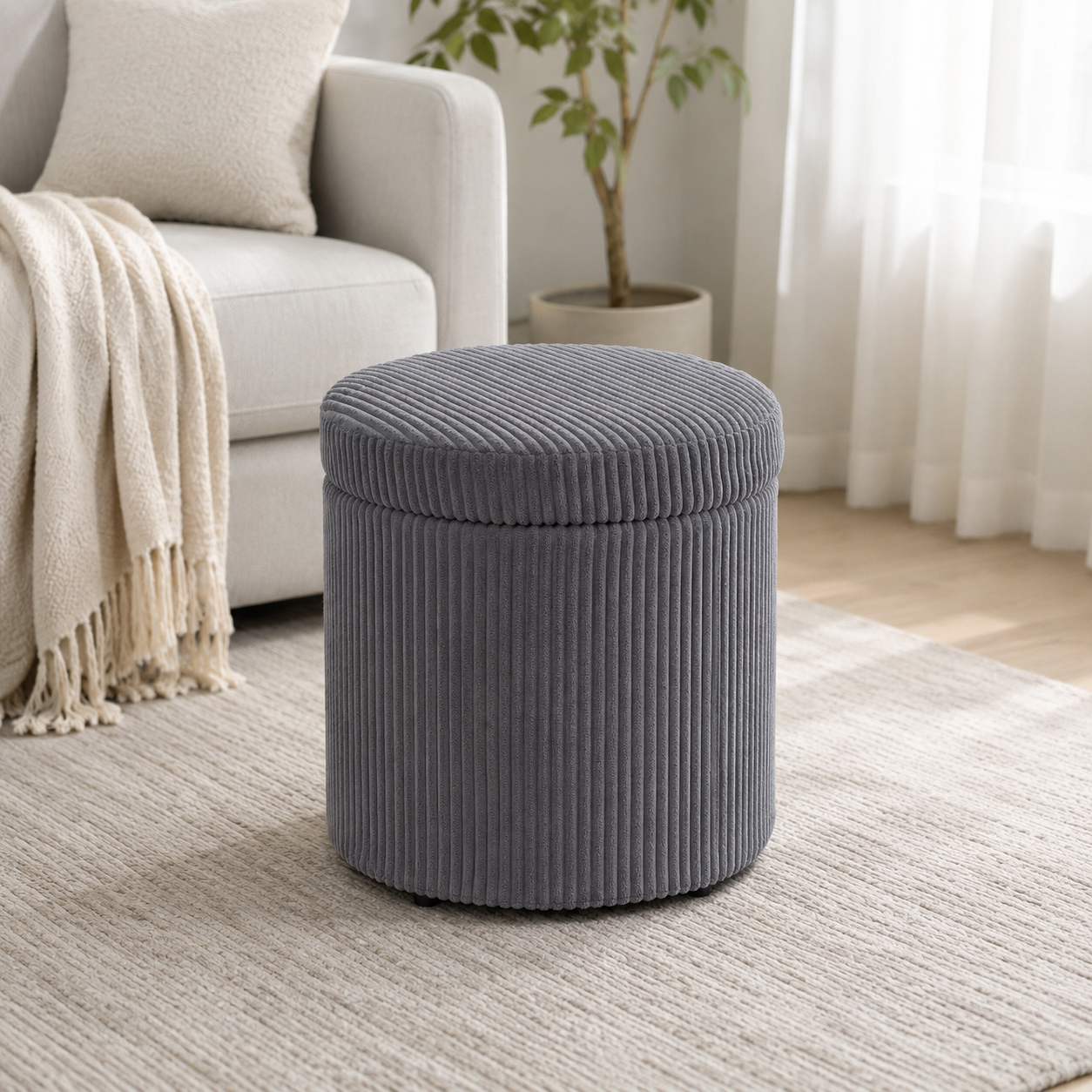 Storage Ottoman Round 40 cm Corduroy – Steel Frame, Grey, Ø40 × 41 cm