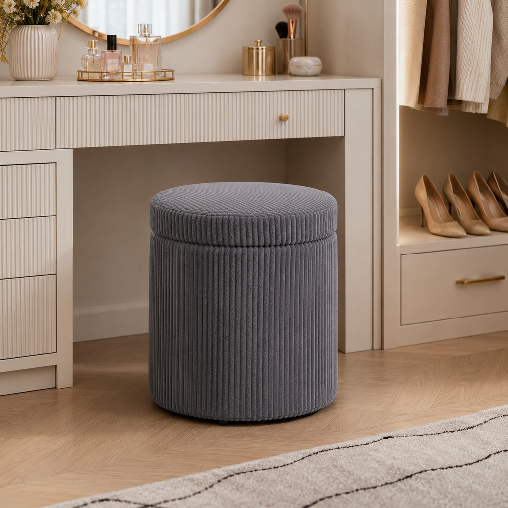 Storage Ottoman Round 40 cm Corduroy – Steel Frame, Grey, Ø40 × 41 cm