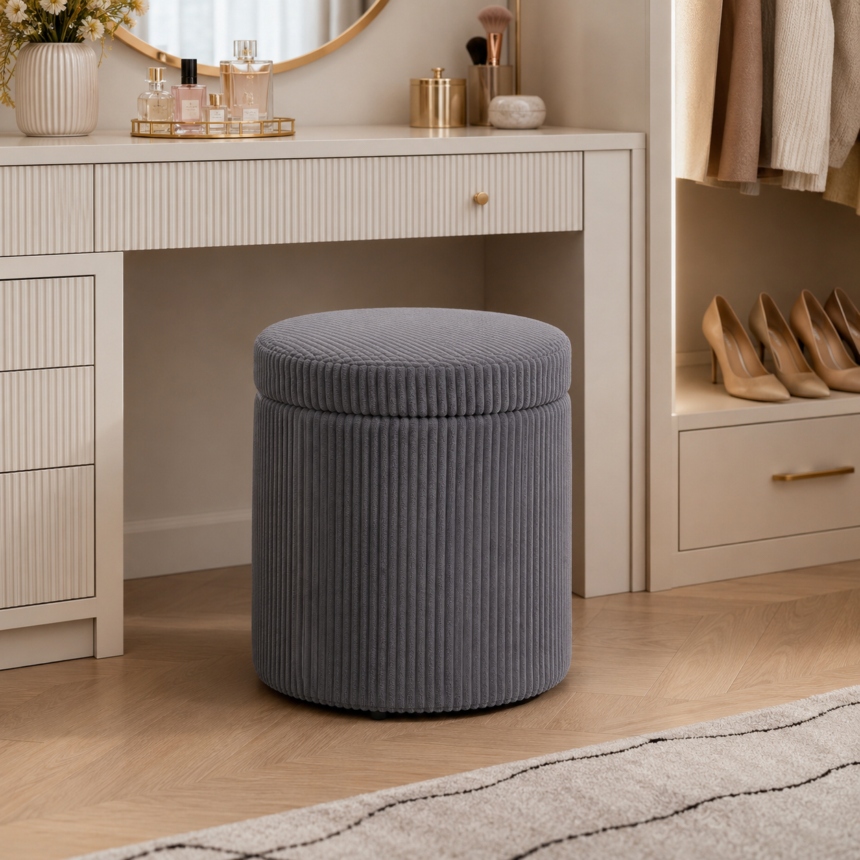 Storage Ottoman Round 40 cm Corduroy – Steel Frame, Grey, Ø40 × 41 cm