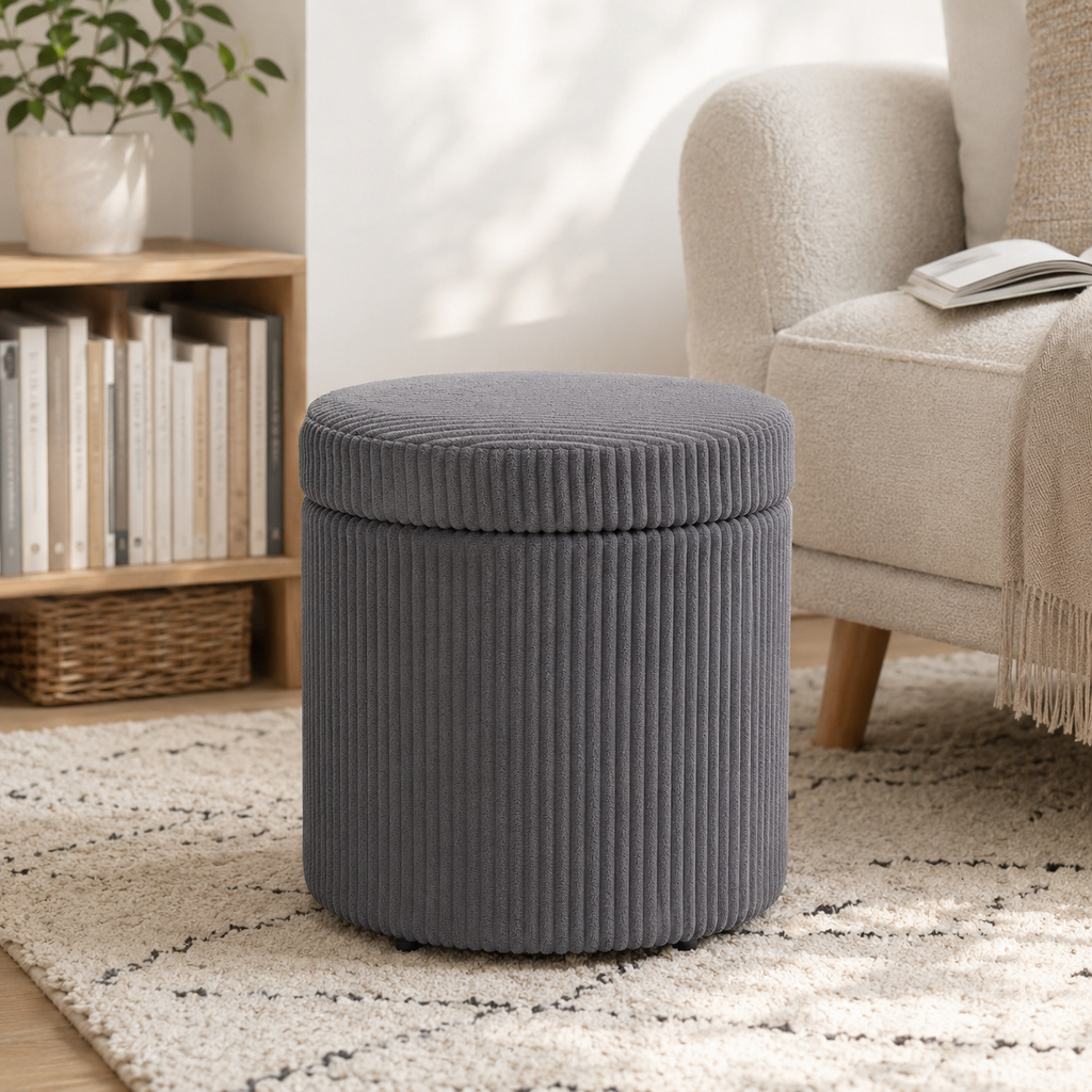 Storage Ottoman Round 40 cm Corduroy – Steel Frame, Grey, Ø40 × 41 cm