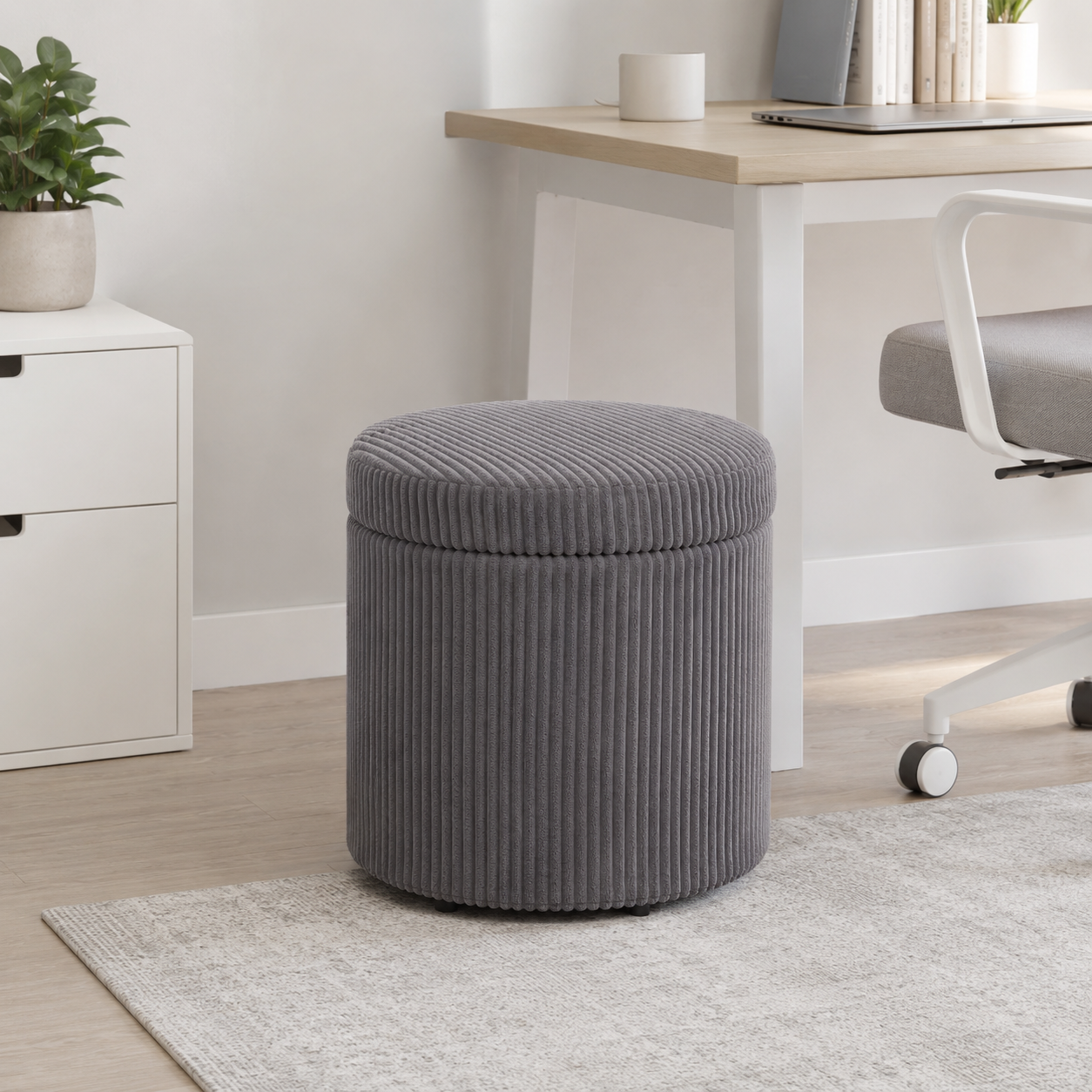 Storage Ottoman Round 40 cm Corduroy – Steel Frame, Grey, Ø40 × 41 cm
