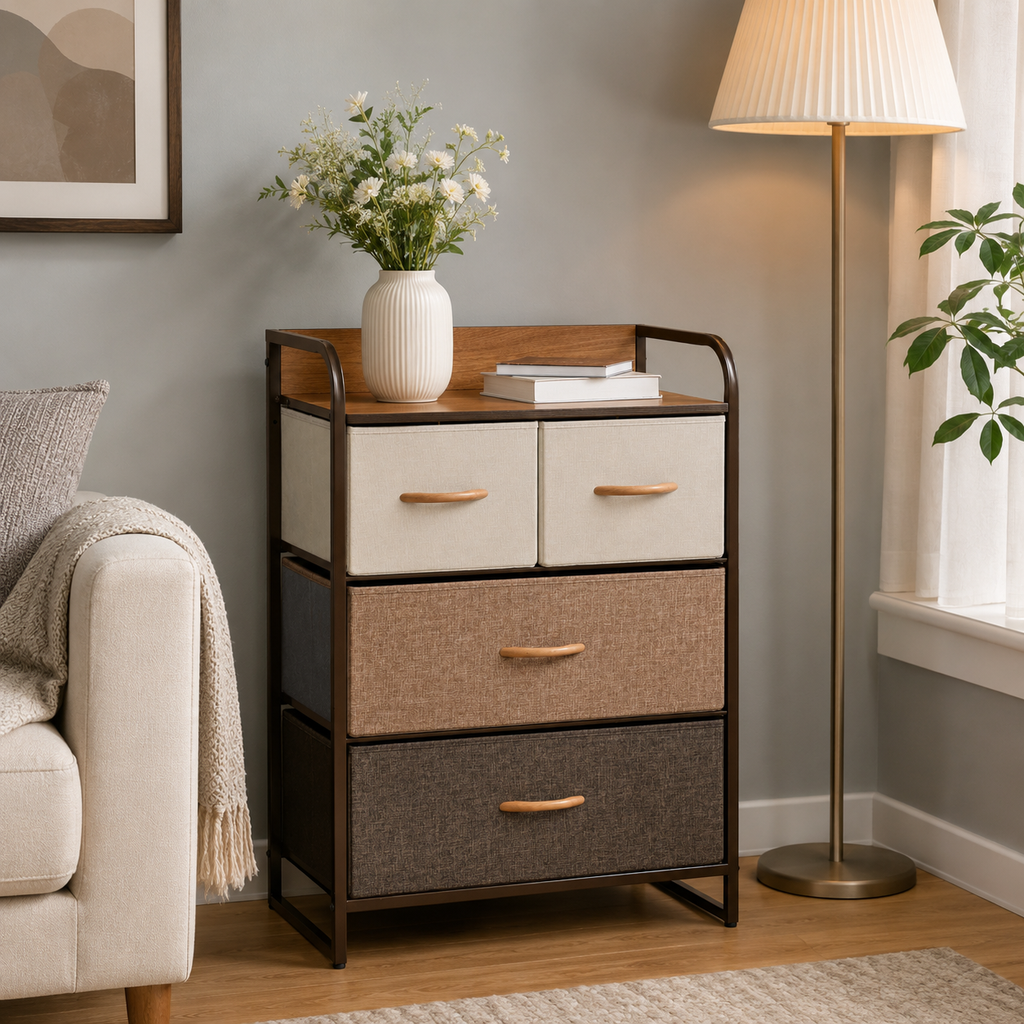 Dresser 4-Drawer Fabric Steel Frame – Linen & Metal, Multicolour, 58 × 29 × 78.5 cm