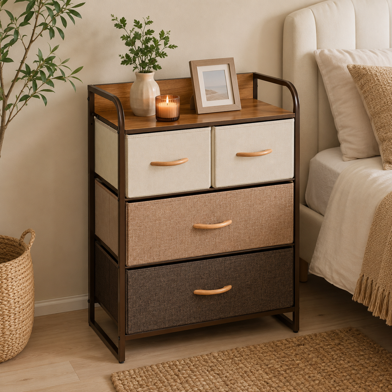 Dresser 4-Drawer Fabric Steel Frame – Linen & Metal, Multicolour, 58 × 29 × 78.5 cm