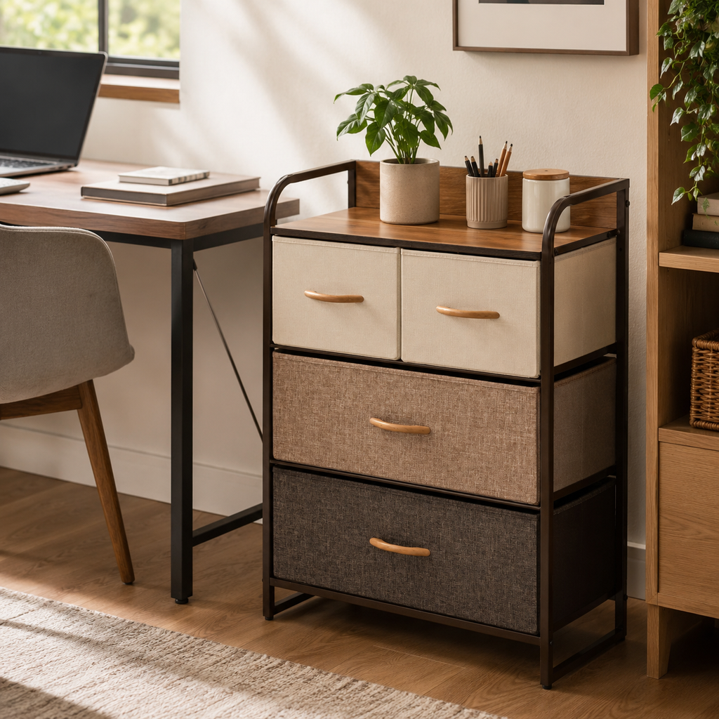 Dresser 4-Drawer Fabric Steel Frame – Linen & Metal, Multicolour, 58 × 29 × 78.5 cm