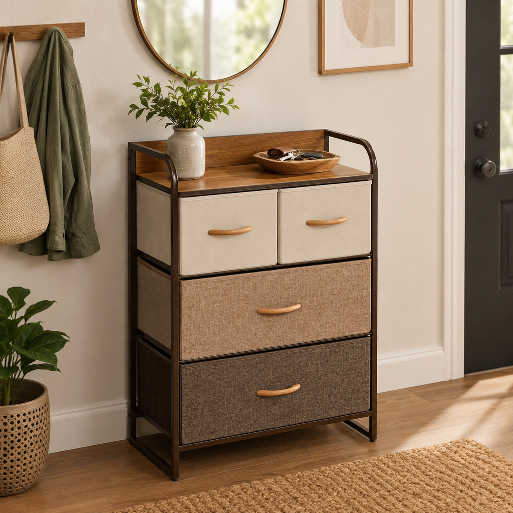 Dresser 4-Drawer Fabric Steel Frame – Linen & Metal, Multicolour, 58 × 29 × 78.5 cm