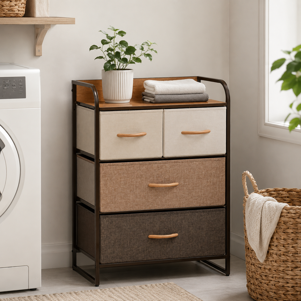 Dresser 4-Drawer Fabric Steel Frame – Linen & Metal, Multicolour, 58 × 29 × 78.5 cm