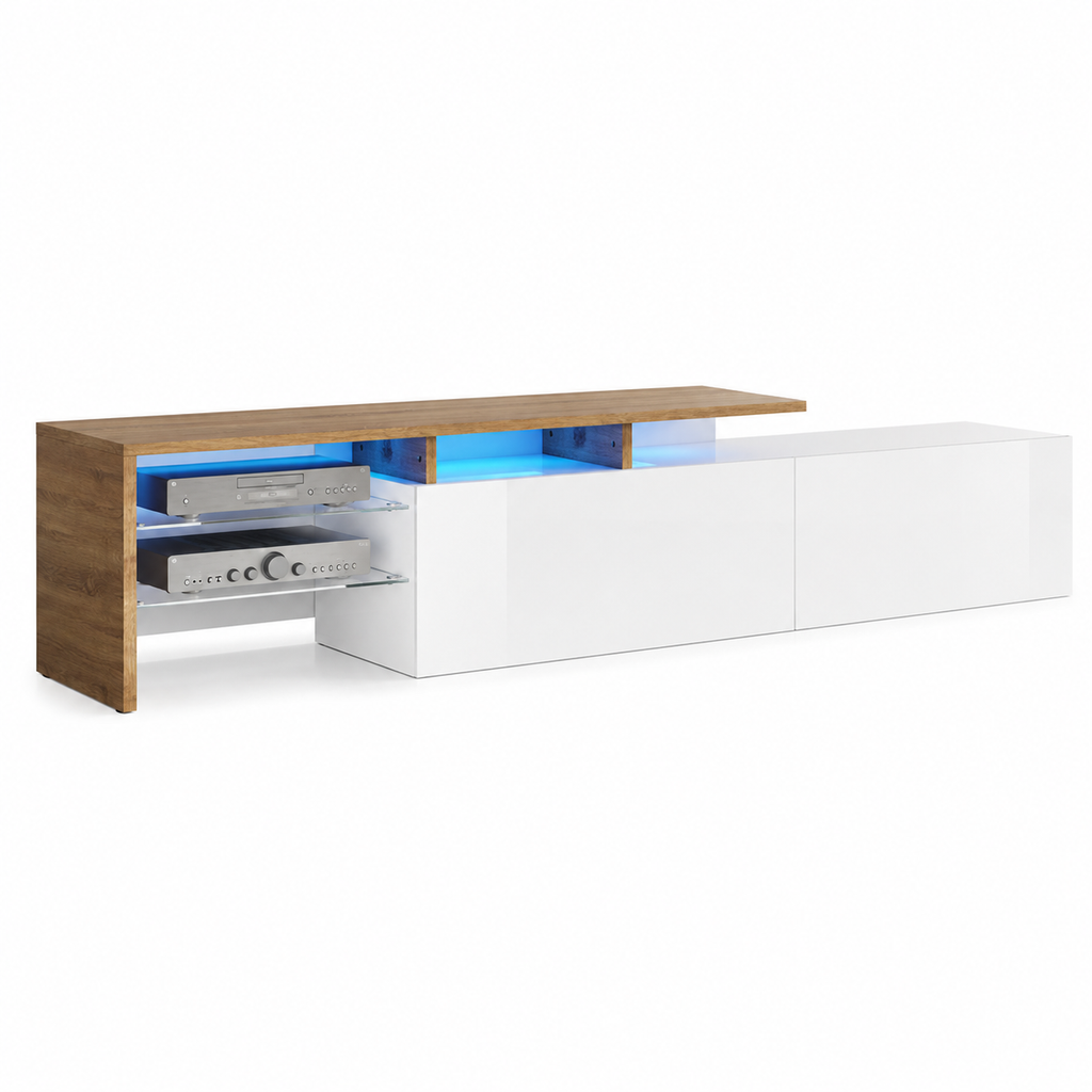 TV Cabinet with LED Lighting & Glass Shelves – Particle Board, Black & Wood-Grain-Effect, 170 × 33 × 33.5 cm
