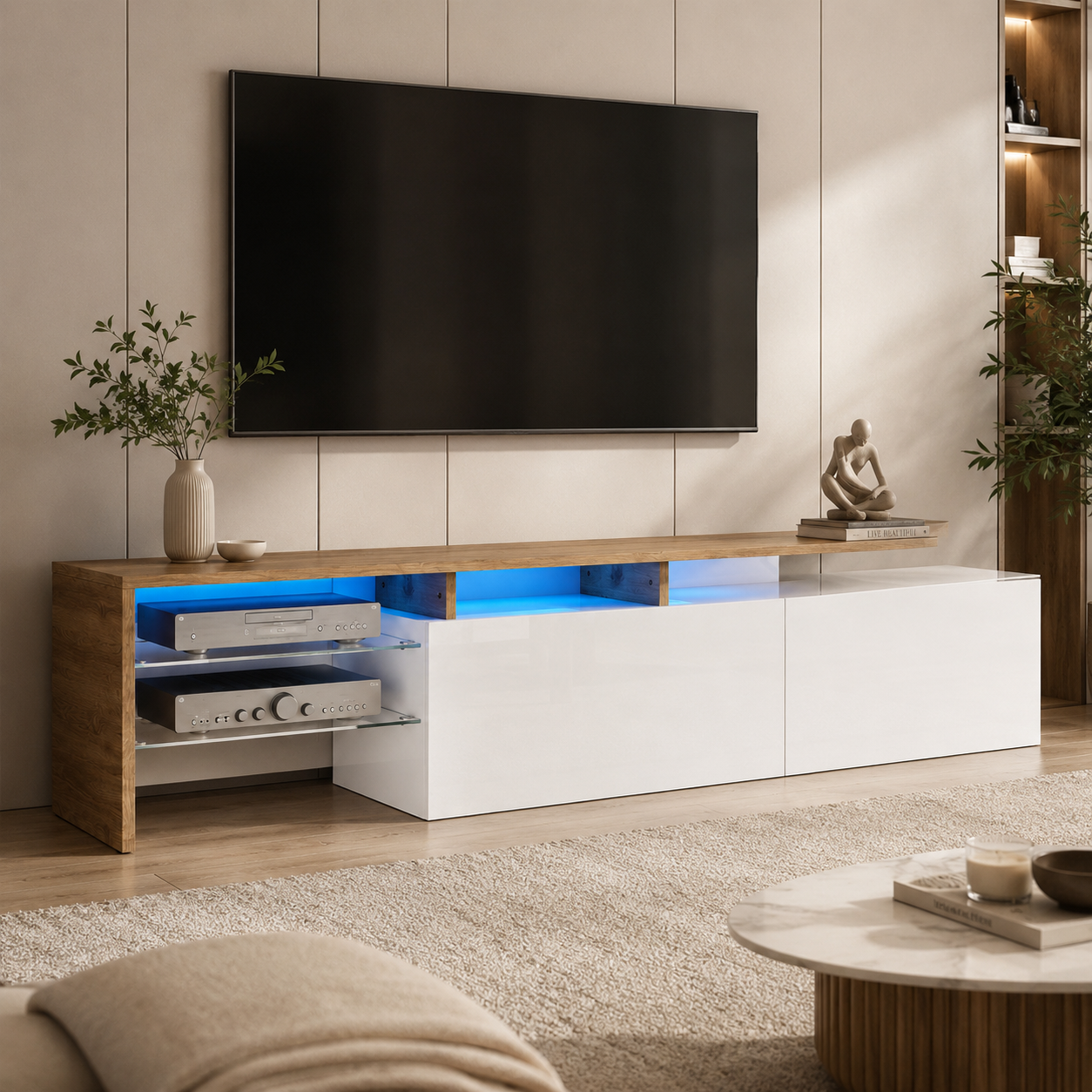 TV Cabinet with LED Lighting & Glass Shelves – Particle Board, Black & Wood-Grain-Effect, 170 × 33 × 33.5 cm