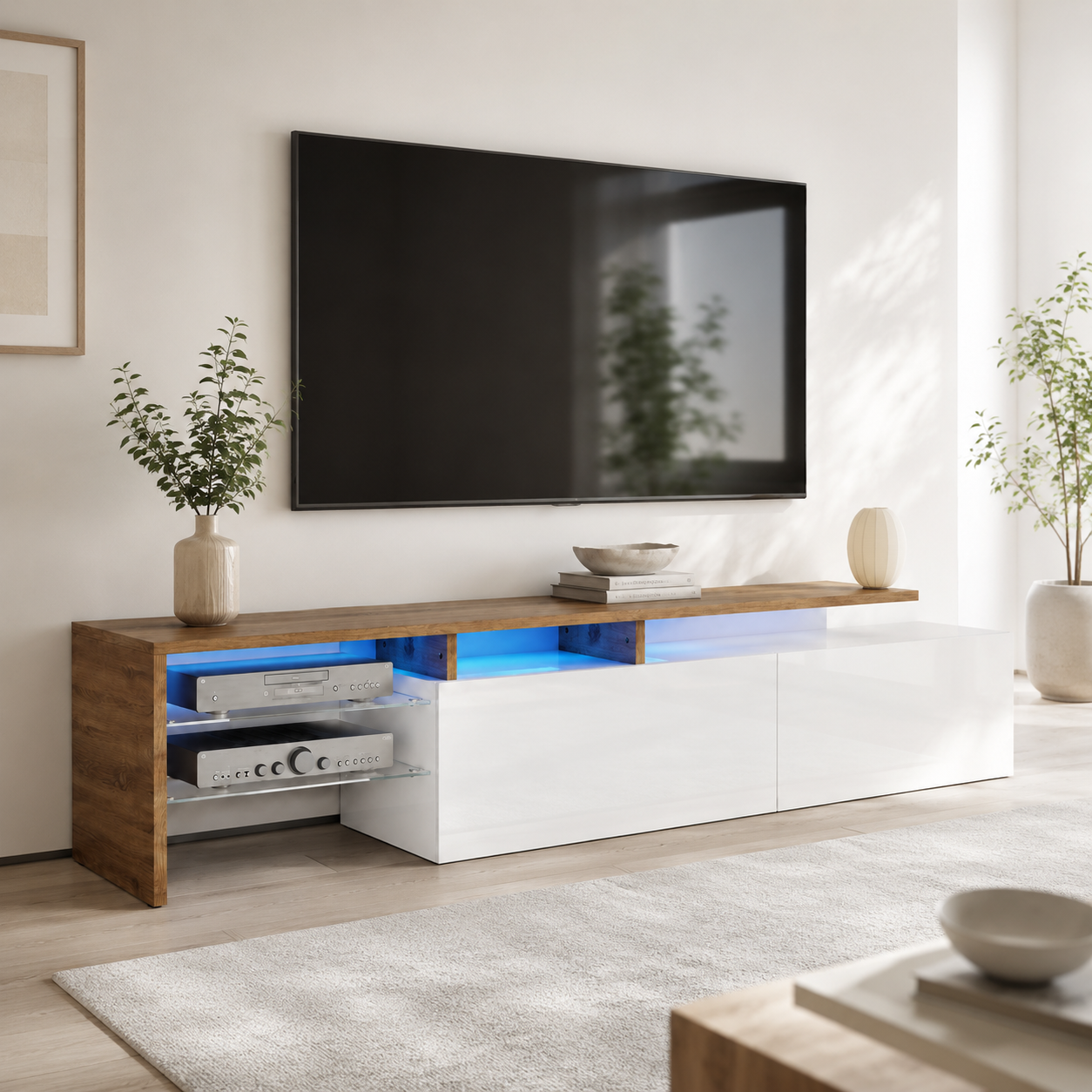 TV Cabinet with LED Lighting & Glass Shelves – Particle Board, Black & Wood-Grain-Effect, 170 × 33 × 33.5 cm