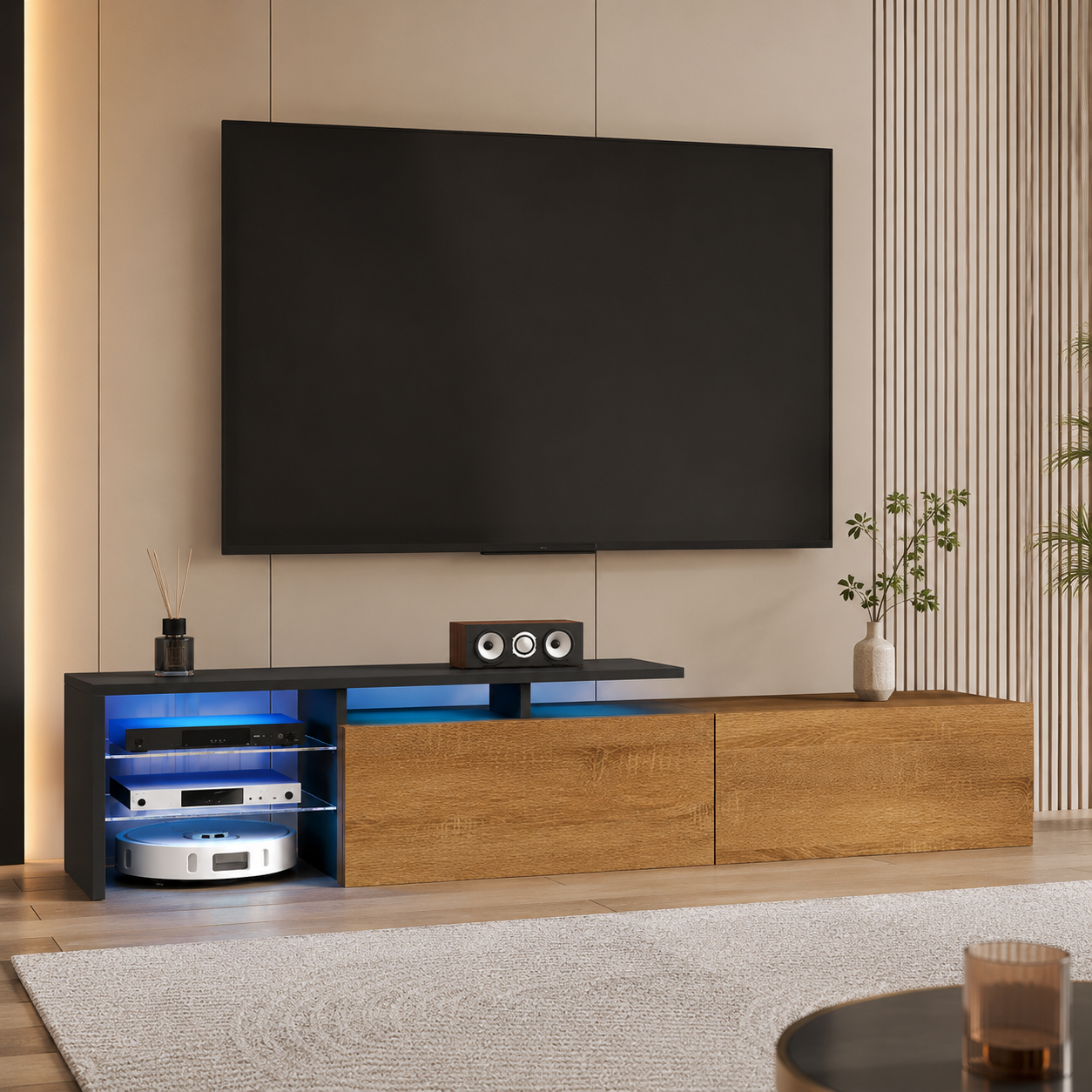 TV Cabinet with LED Lighting & Glass Shelves – Particle Board, Black & Wood-Grain-Effect, 170 × 33 × 33.5 cm