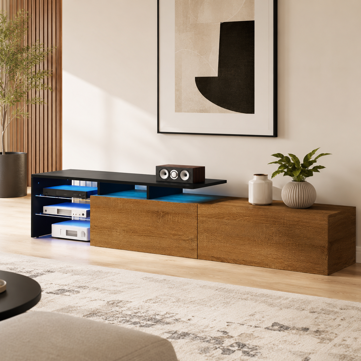 TV Cabinet with LED Lighting & Glass Shelves – Particle Board, Black & Wood-Grain-Effect, 170 × 33 × 33.5 cm