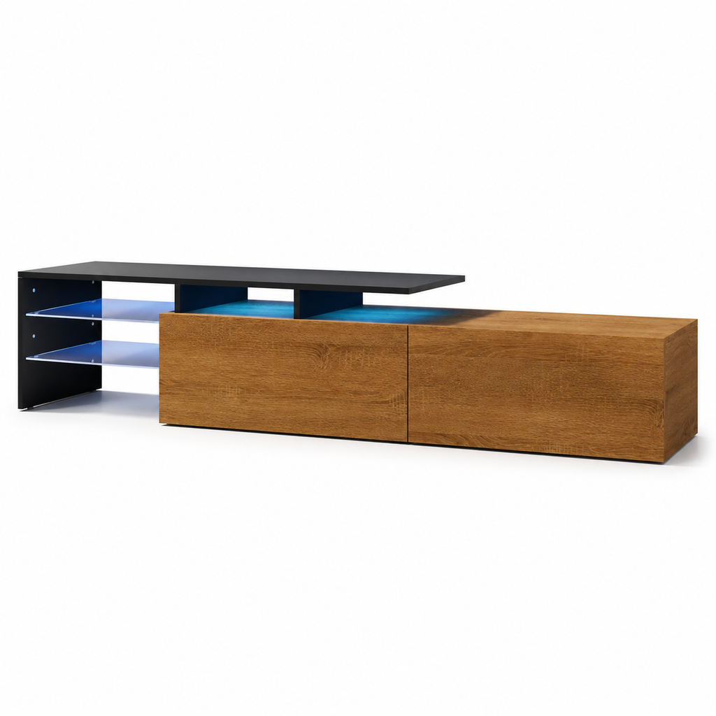 TV Cabinet with LED Lighting & Glass Shelves – Particle Board, Black & Wood-Grain-Effect, 170 × 33 × 33.5 cm