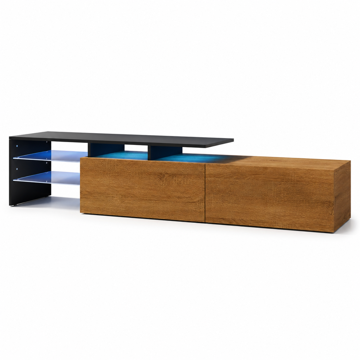 TV Cabinet with LED Lighting & Glass Shelves – Particle Board, Black & Wood-Grain-Effect, 170 × 33 × 33.5 cm