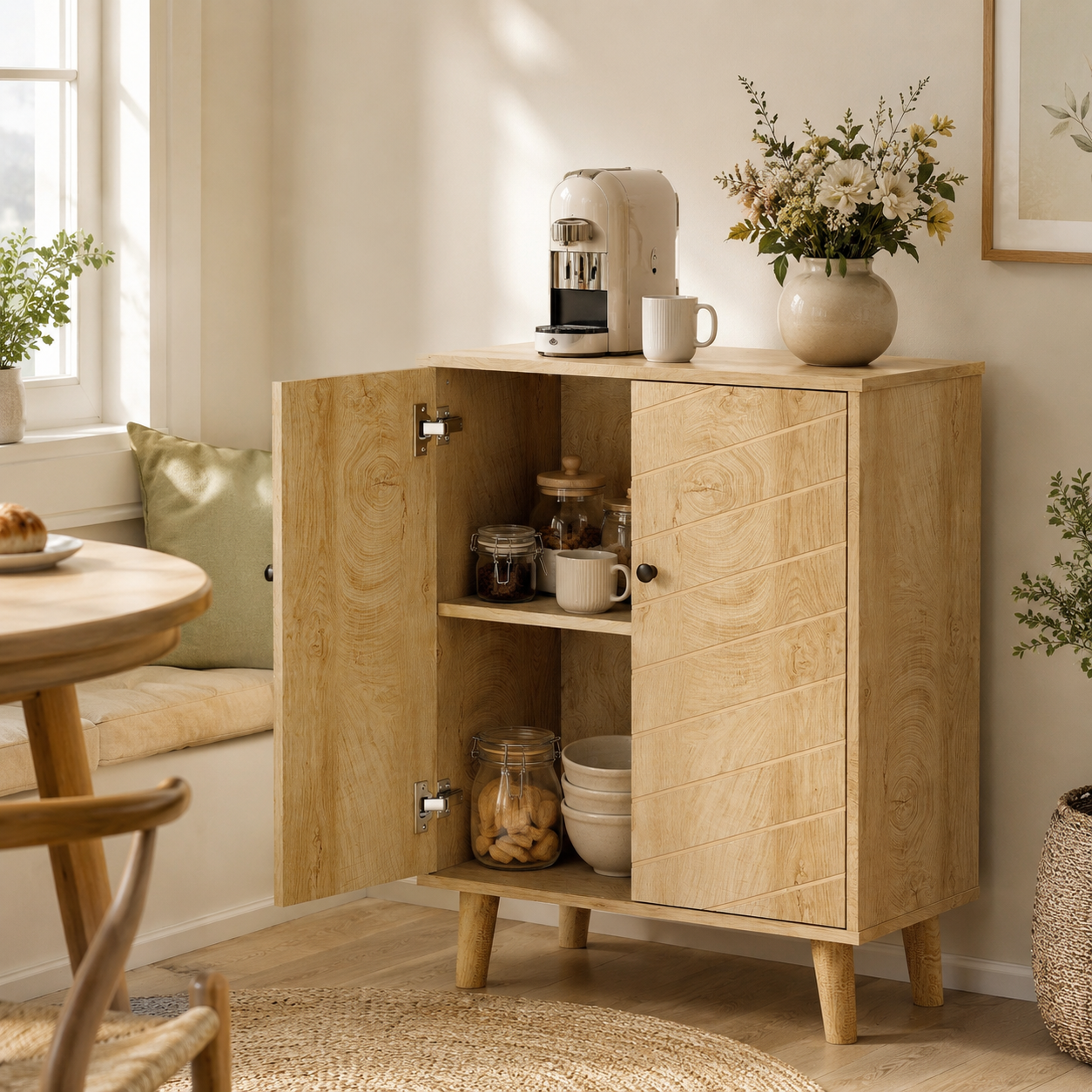 Sideboard Cabinet Double Chevron Doors – MDF & Pine Legs, Wood-Grain-Effect, 60 × 30 × 76 cm