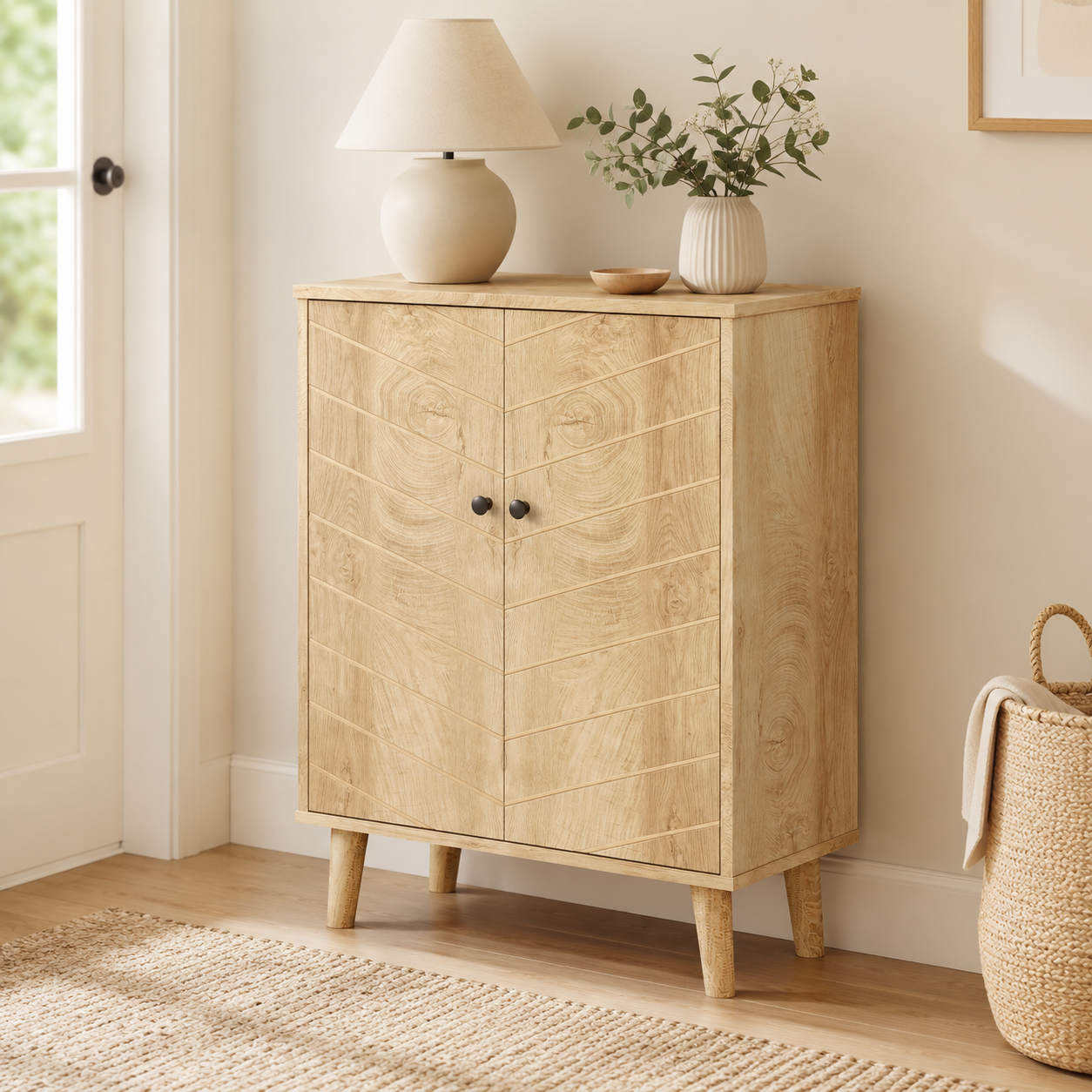 Sideboard Cabinet Double Chevron Doors – MDF & Pine Legs, Wood-Grain-Effect, 60 × 30 × 76 cm