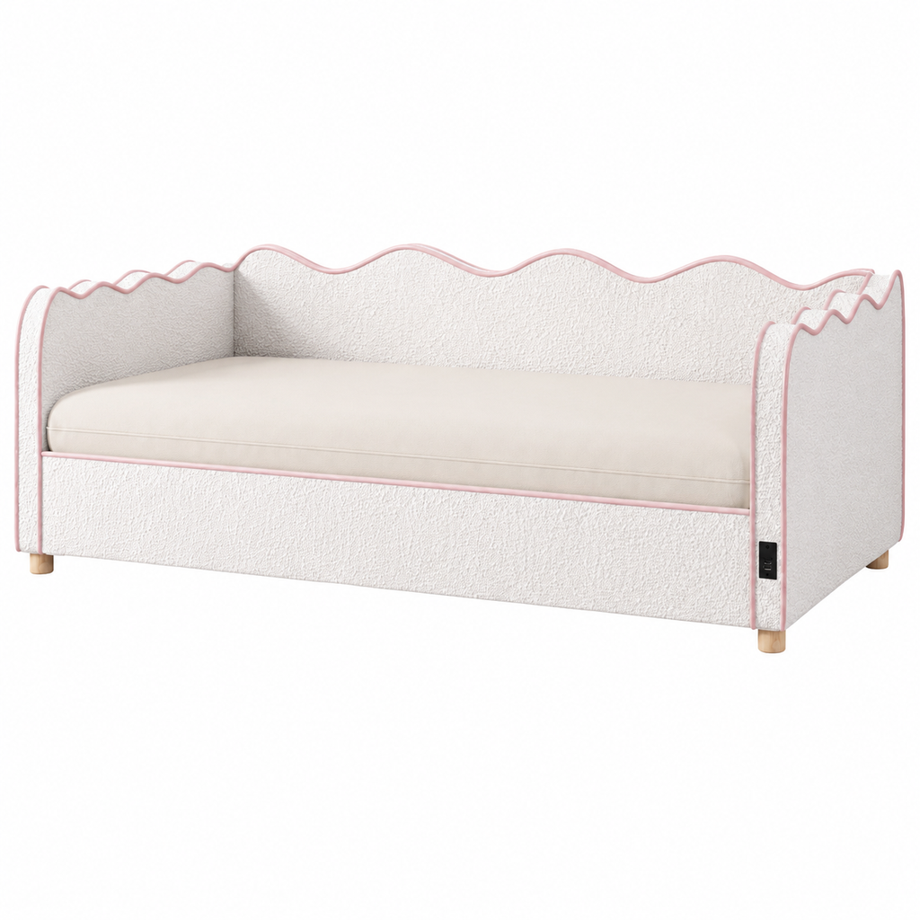Daybed Single 90 × 190 cm Hydraulic Storage – Boucle Upholstery, USB Port & Backrest, Beige