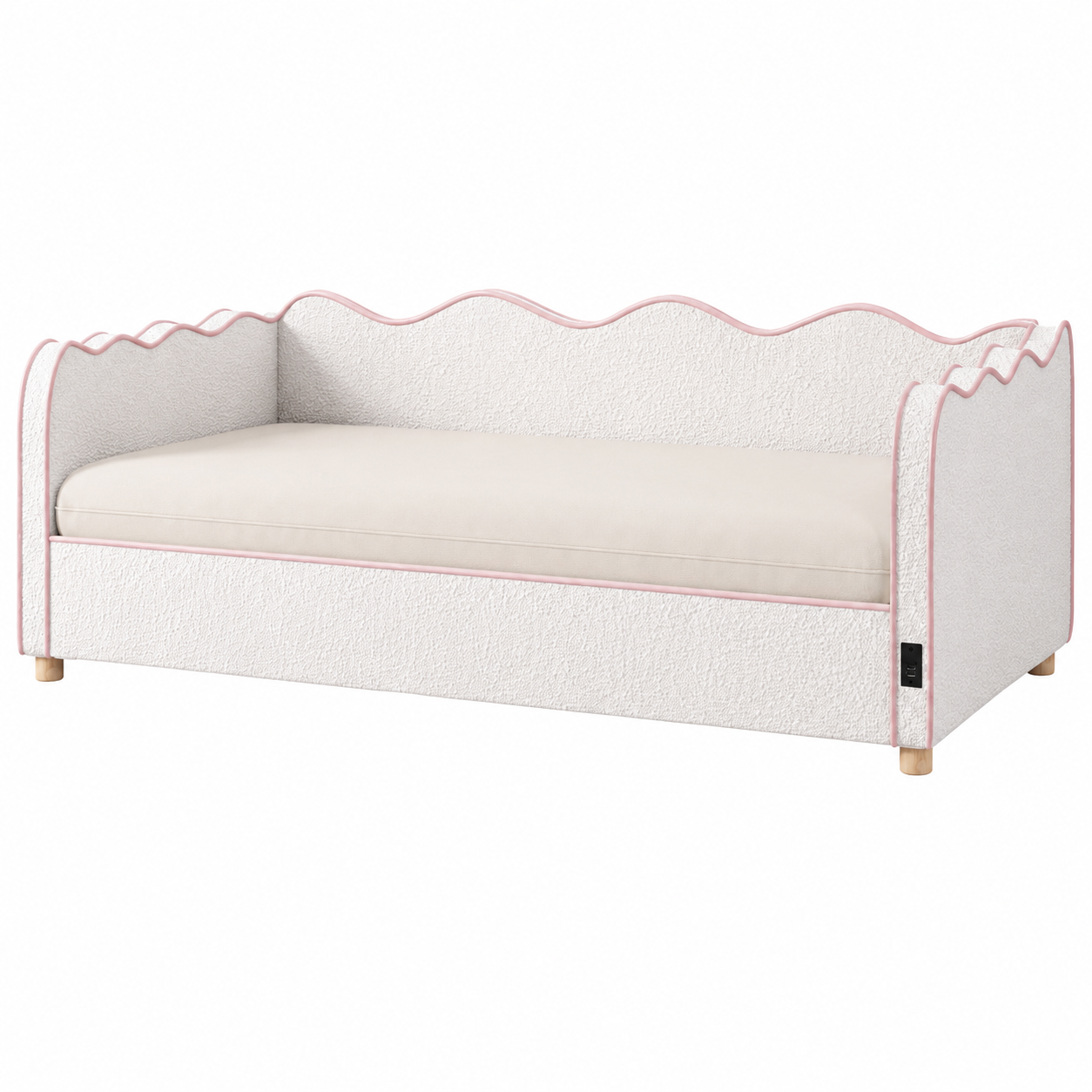 Daybed Single 90 × 190 cm Hydraulic Storage – Boucle Upholstery, USB Port & Backrest, Beige