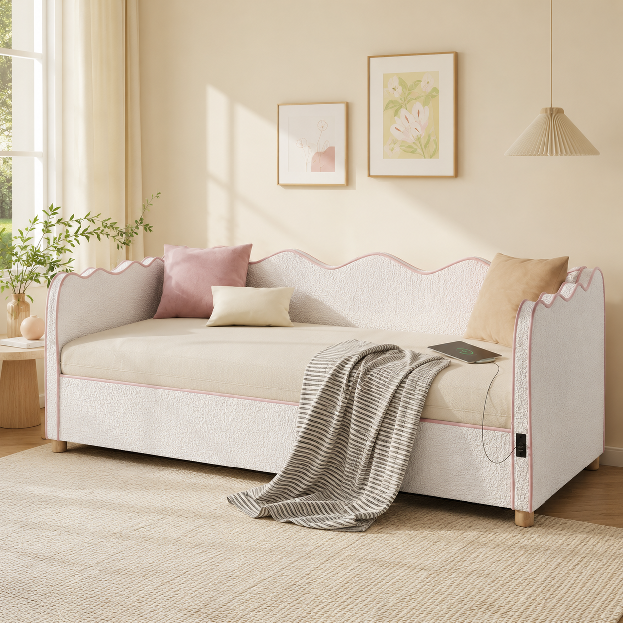 Daybed Single 90 × 190 cm Hydraulic Storage – Boucle Upholstery, USB Port & Backrest, Beige