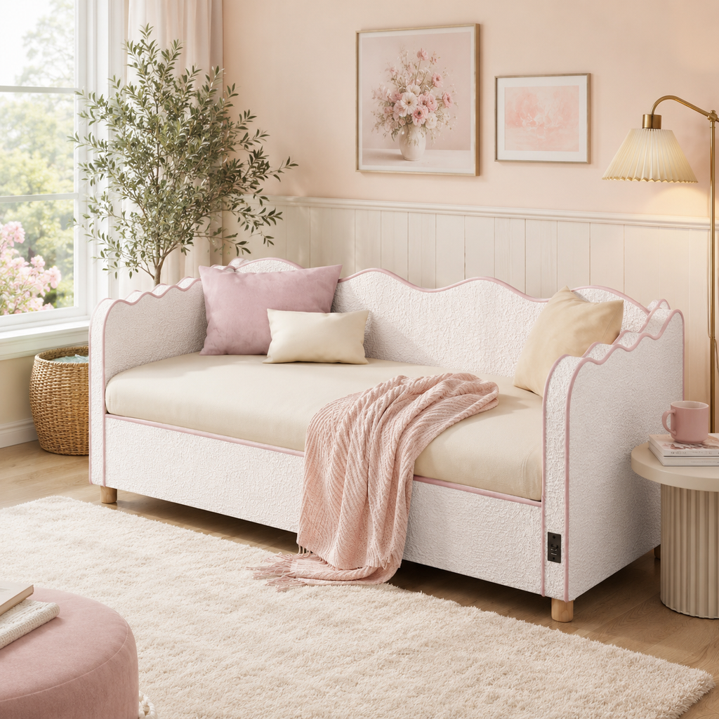 Daybed Single 90 × 190 cm Hydraulic Storage – Boucle Upholstery, USB Port & Backrest, Beige