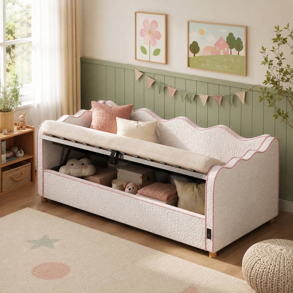 Daybed Single 90 × 190 cm Hydraulic Storage – Boucle Upholstery, USB Port & Backrest, Beige