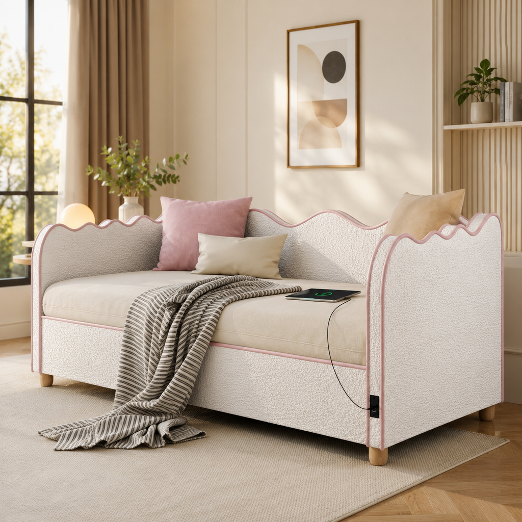 Daybed Single 90 × 190 cm Hydraulic Storage – Boucle Upholstery, USB Port & Backrest, Beige
