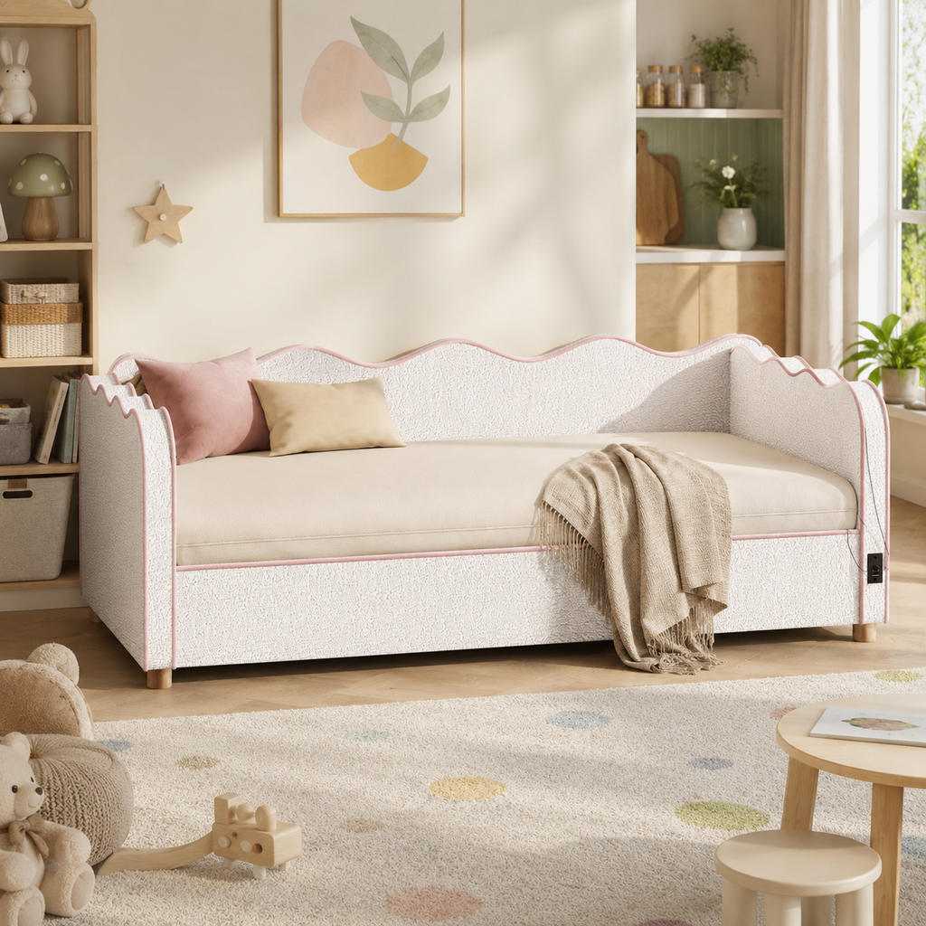 Daybed Single 90 × 190 cm Hydraulic Storage – Boucle Upholstery, USB Port & Backrest, Beige