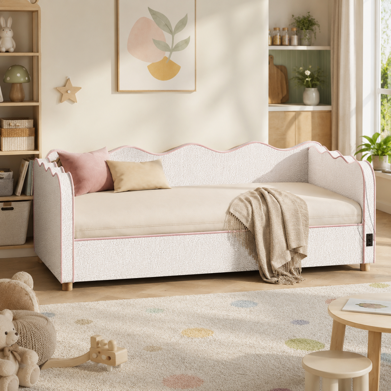 Daybed Single 90 × 190 cm Hydraulic Storage – Boucle Upholstery, USB Port & Backrest, Beige