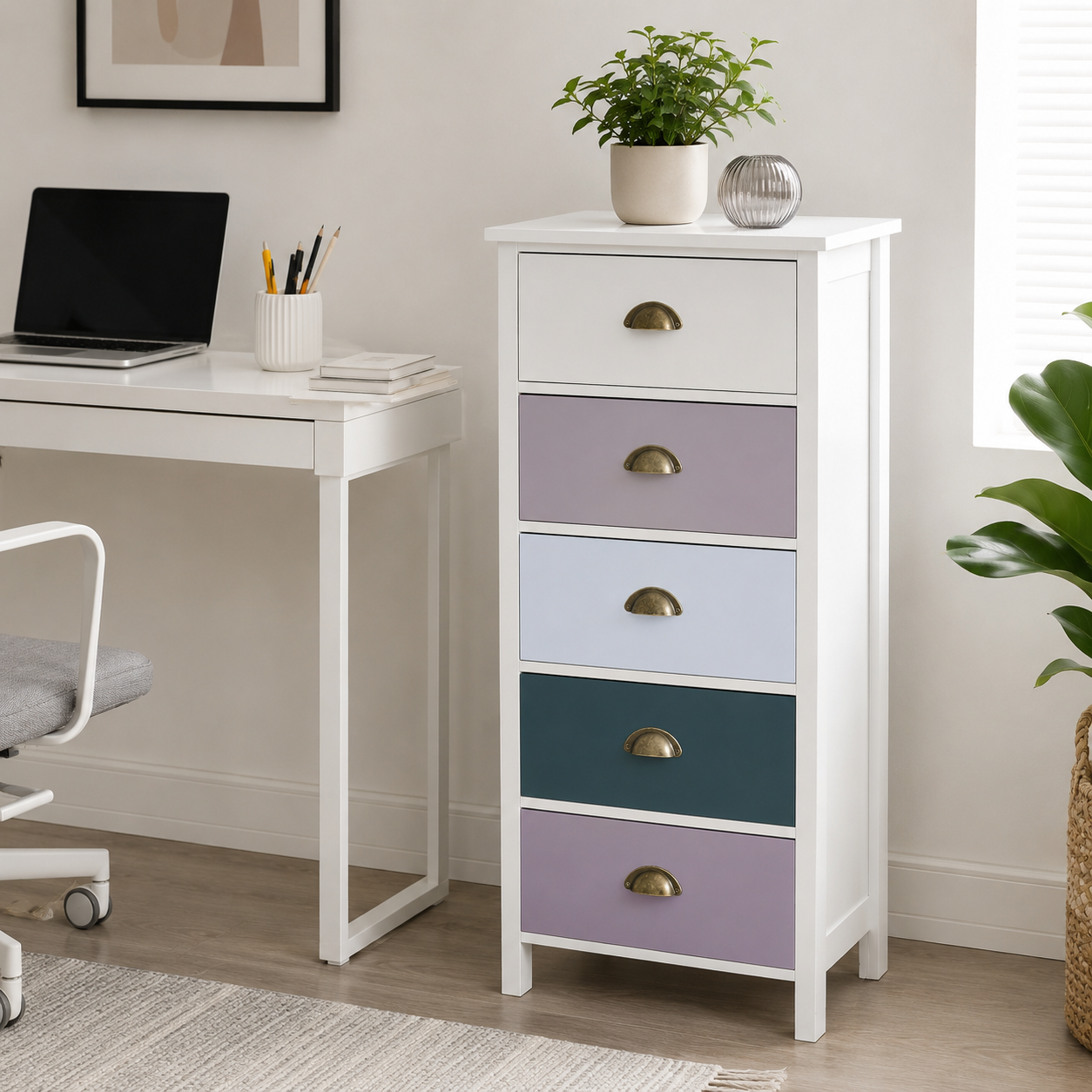 Slim Chest of Drawers 5-Drawer Tonal – MDF, Blue, 45 × 30 × 95 cm