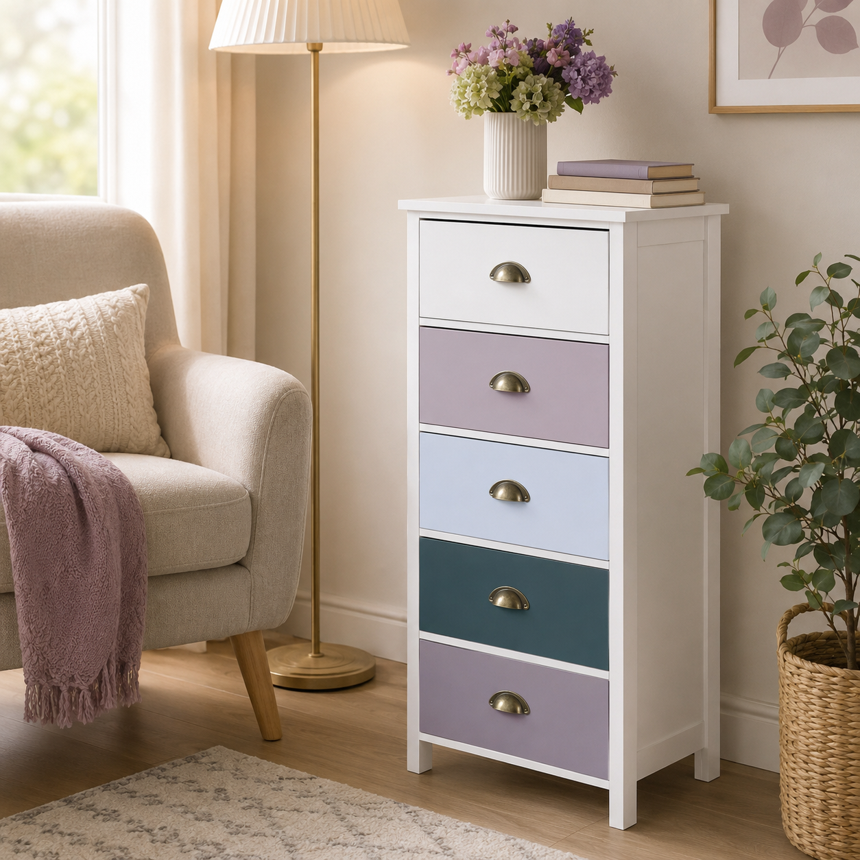 Slim Chest of Drawers 5-Drawer Tonal – MDF, Blue, 45 × 30 × 95 cm