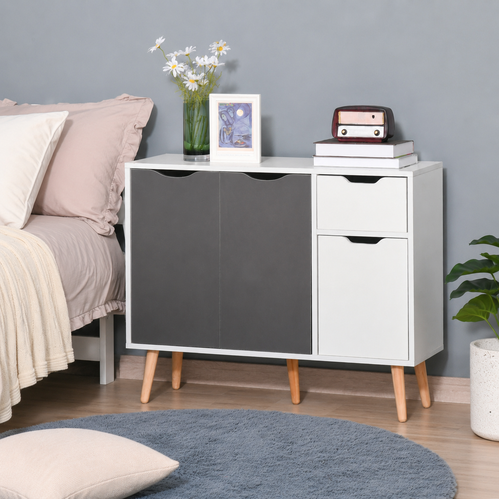 Sideboard Floor Cabinet 3-Door & Drawer – MDF & Solid Wood Legs, Grey, 90 × 30 × 72 cm