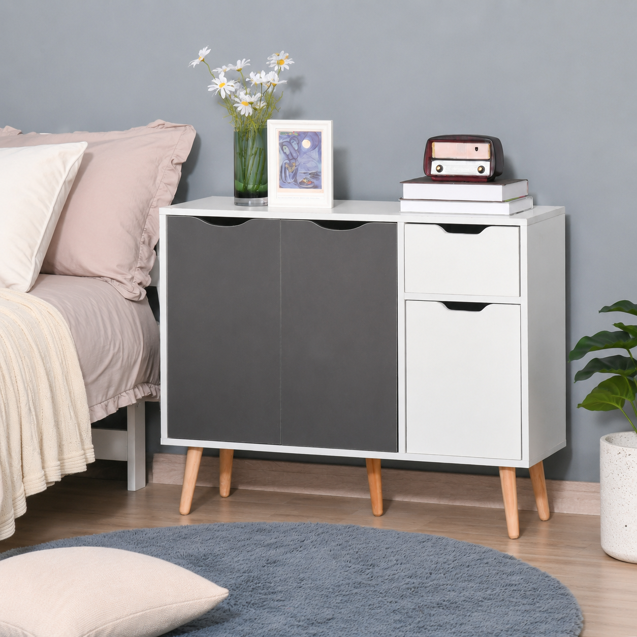 Sideboard Floor Cabinet 3-Door & Drawer – MDF & Solid Wood Legs, Grey, 90 × 30 × 72 cm