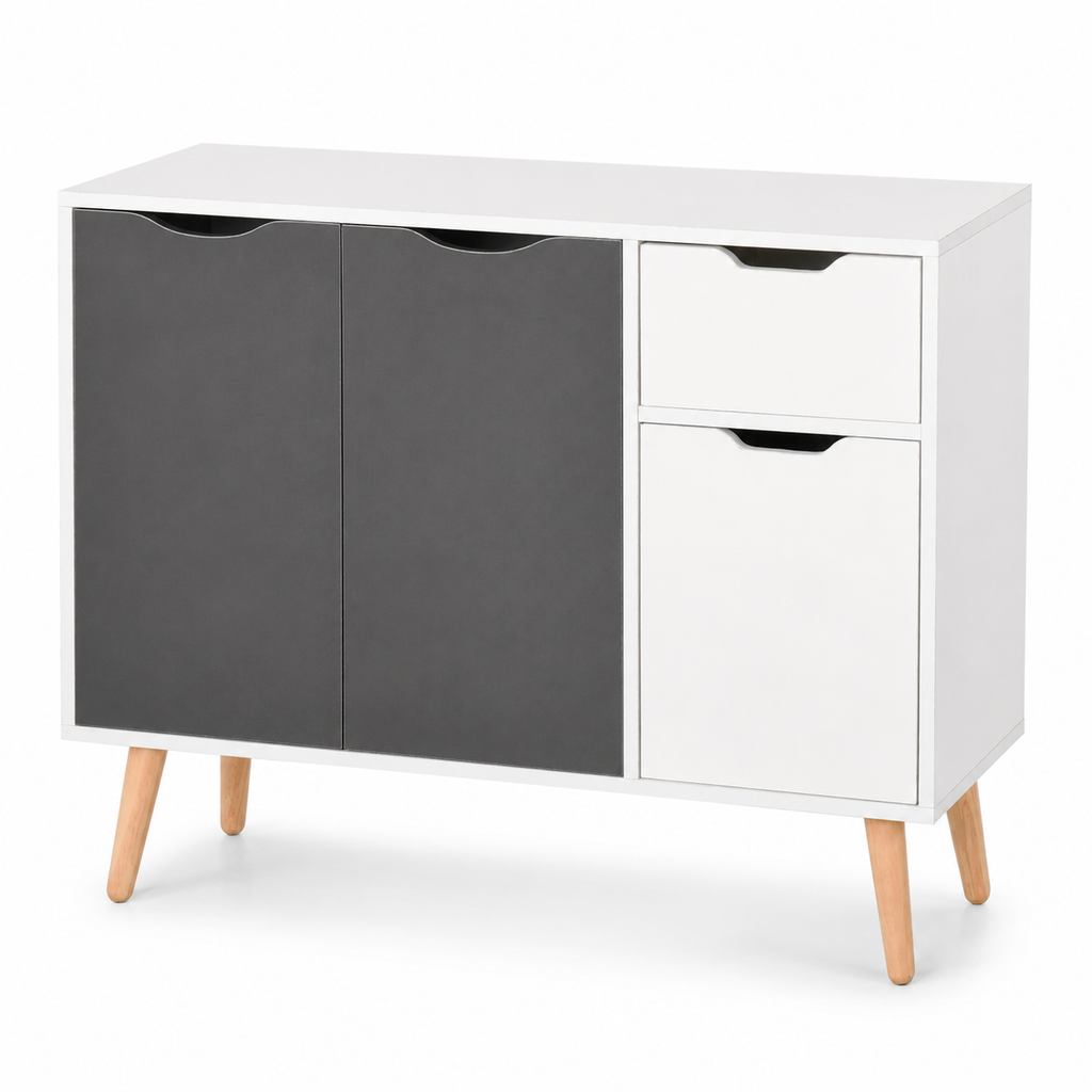 Sideboard Floor Cabinet 3-Door & Drawer – MDF & Solid Wood Legs, Grey, 90 × 30 × 72 cm