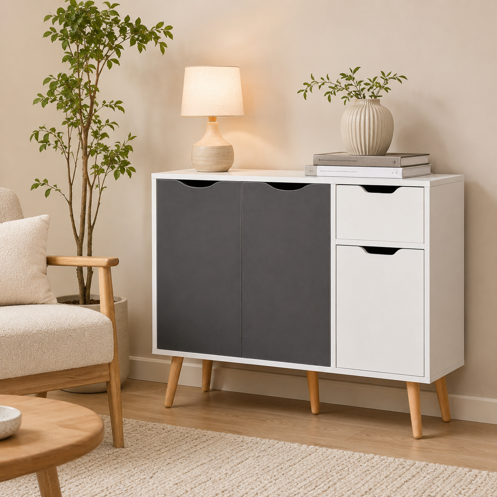 Sideboard Floor Cabinet 3-Door & Drawer – MDF & Solid Wood Legs, Grey, 90 × 30 × 72 cm