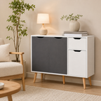 Sideboard Floor Cabinet 3-Door & Drawer – MDF & Solid Wood Legs, Grey, 90 × 30 × 72 cm