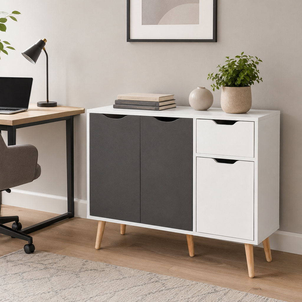 Sideboard Floor Cabinet 3-Door & Drawer – MDF & Solid Wood Legs, Grey, 90 × 30 × 72 cm