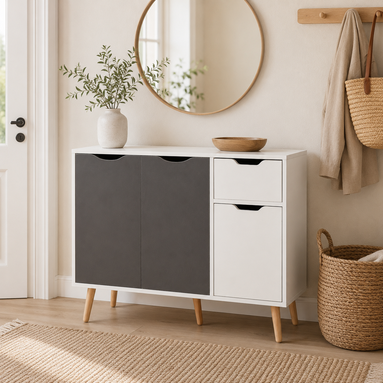 Sideboard Floor Cabinet 3-Door & Drawer – MDF & Solid Wood Legs, Grey, 90 × 30 × 72 cm