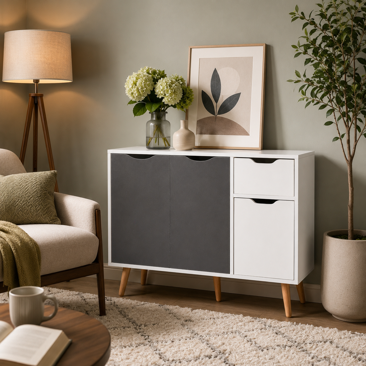 Sideboard Floor Cabinet 3-Door & Drawer – MDF & Solid Wood Legs, Grey, 90 × 30 × 72 cm