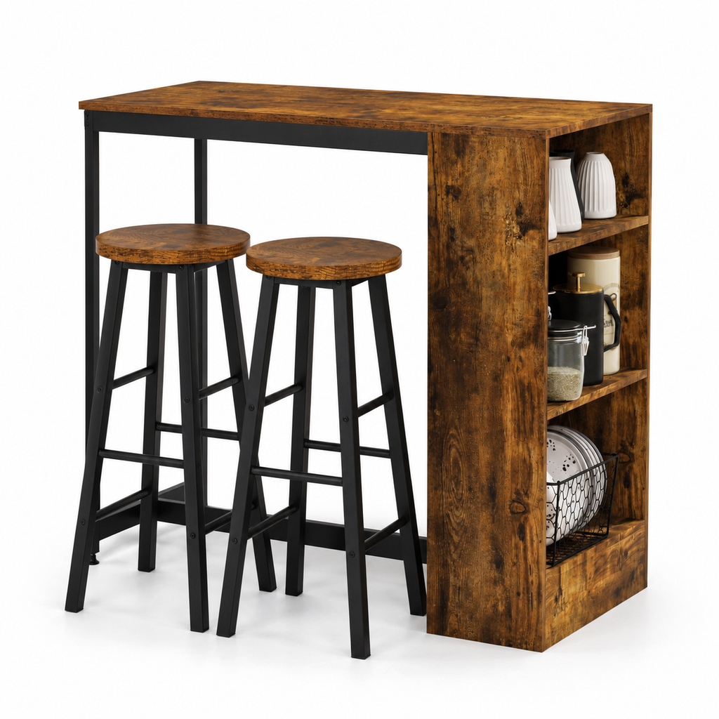 Bar Table & Stool Set Industrial 3-Piece – Metal & Particle Board, Rustic Brown, Table 91 × 91 cm