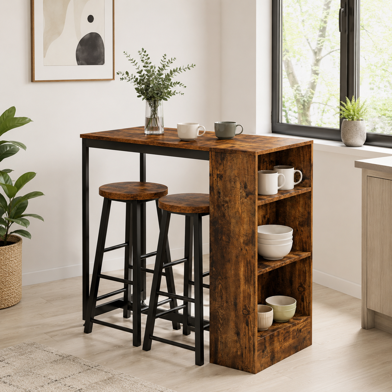 Bar Table & Stool Set Industrial 3-Piece – Metal & Particle Board, Rustic Brown, Table 91 × 91 cm