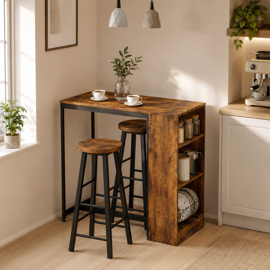 Bar Table & Stool Set Industrial 3-Piece – Metal & Particle Board, Rustic Brown, Table 91 × 91 cm